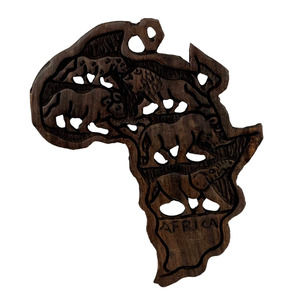 Carved Wood Africa Continent Rhino Lion Elephant Leopard Plaque Wall Hanging